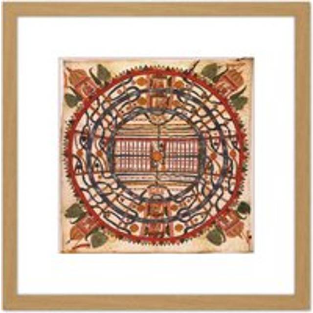Map Antique Cosmology 1890 Rajasthan Jain World Men Replica 8X8 Inch Square Wooden Framed Wall Art Print Picture with Mount - Tan - One Size