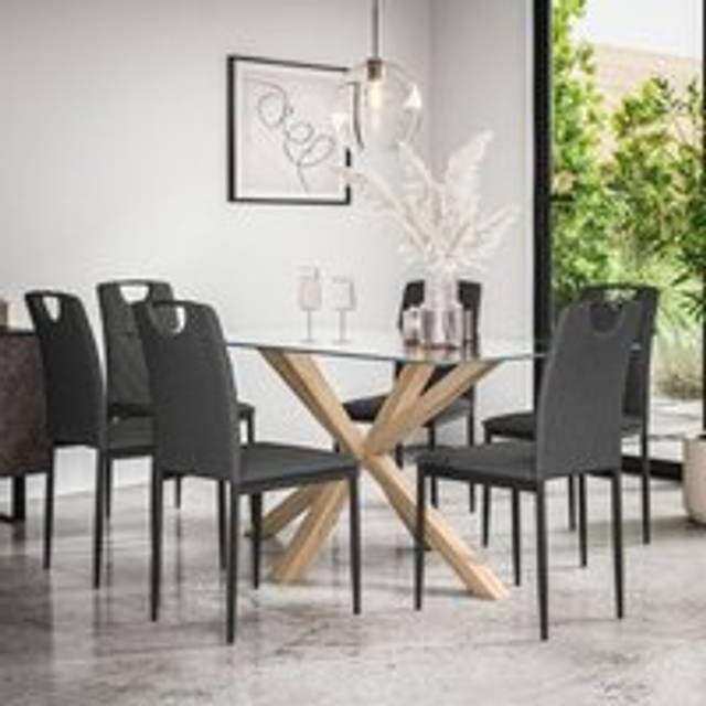 (Charcoal) Etta Glass Dining Table Set w Solid Oak Legs w 4-6 Monza Fabric Chair