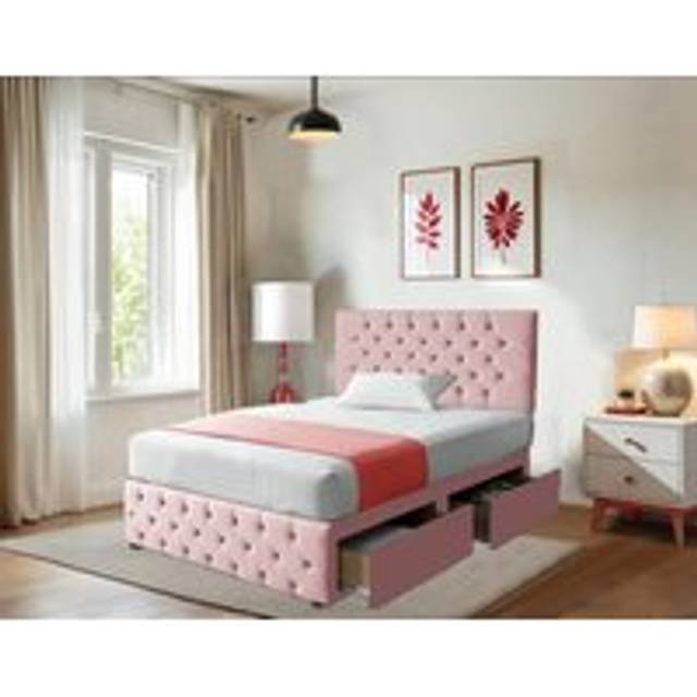 20'' Chesterfield Headboard & Footboard - Suede Chesterfield Divan Bedset' - 10'' Spring Mattress - 2 Drawers - Bedroom Furniture - Pink - Single