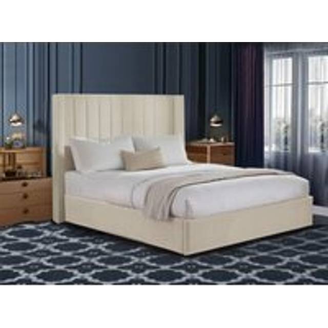 Plush Velvet Divan Bedset with 48'' Wingback Vertical Line Headboard & 10'' Spring Memory Foam Mattress & 2 Storage Drawers - Beige - Small Double