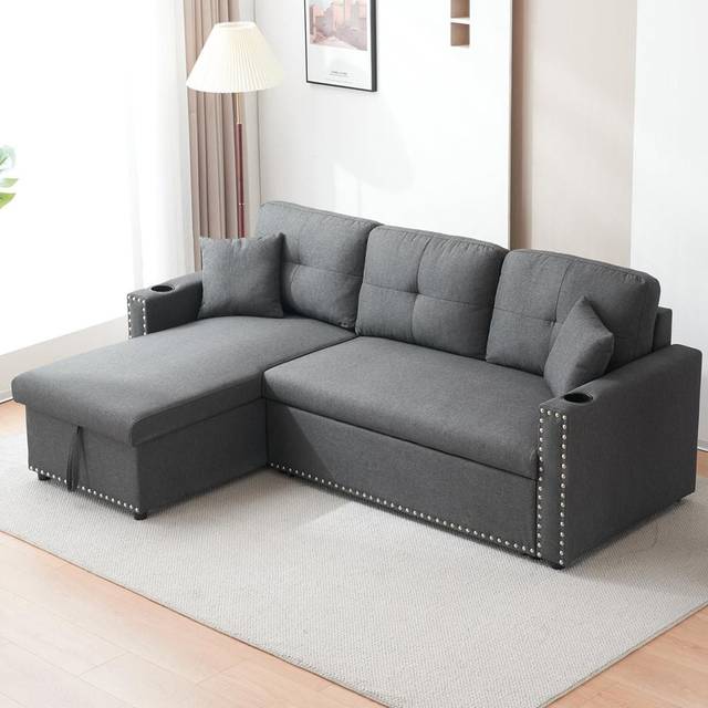 Kosy Koala Sofabed 3 Seater Reversible Sectional Sofa Sleeper Set with Storage Chaise, Built-in Cupholder, Decorative Rivets, Pull-out Bed, and Light Grey Fabric, Multi