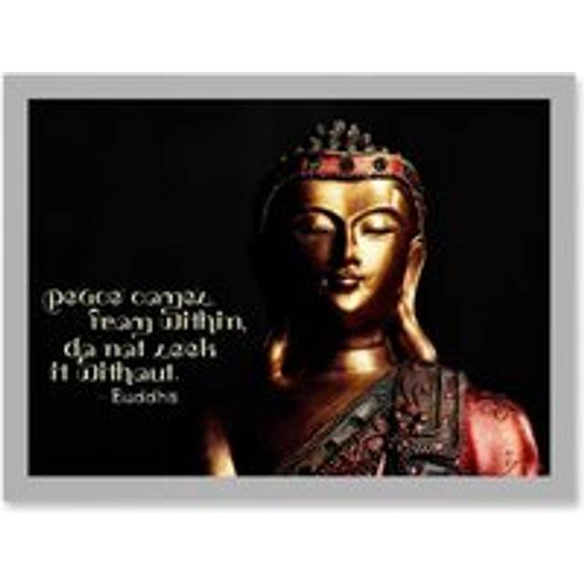 Peace Comes From Within Buddha Statue Uplifting Quote Artwork Framed Wall Art Print A4 - Grey - One Size