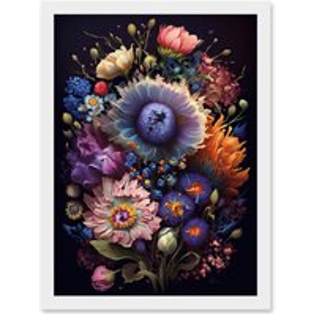 Flower Bouquet Purple Pink Orange Floral Art Artwork Framed Wall Art Print A4 - White - One Size