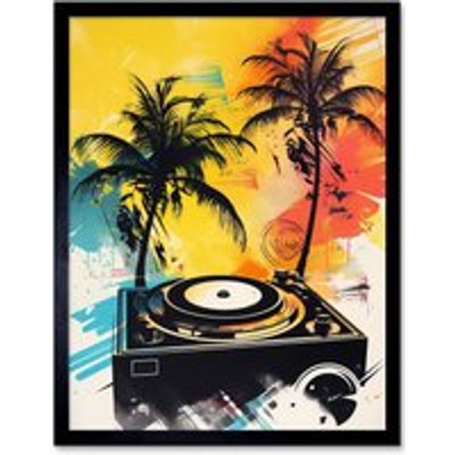 Wall Art Print Music Under Palm Trees Tropical Beach Party Modern Watercolour Painting Art Framed - Black - W12 inch x H16 inch
