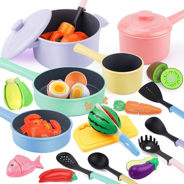 GILOBABY Kitchen Pretend Toy, Role Play Cutting Fruit Food Toy & Cookware Pot & Pan Set, Educational Gift Toy for Kid Girl Boy Toddler Age