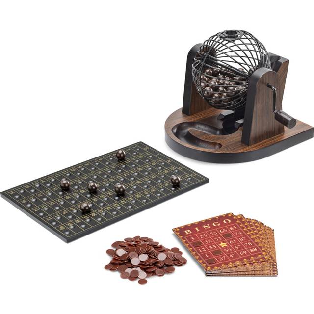 Navaris Bingo Set - Wood Veneer Bingo Game Set with 1-90 Balls Metal Tombola Drum Cage Cards and Markers - Family Games Set for Adults and Kids