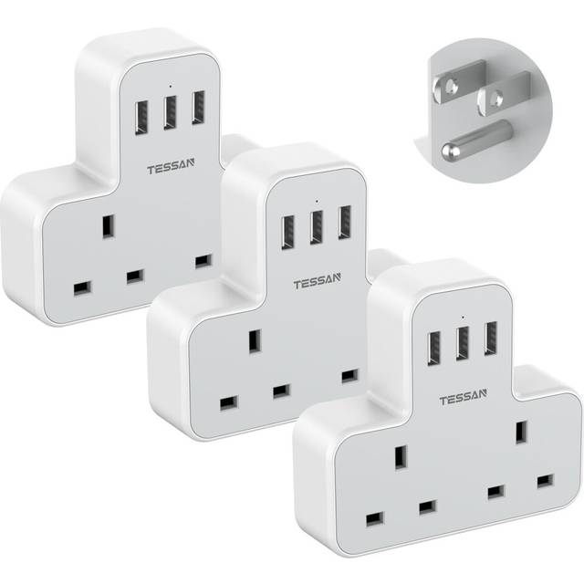 UK to US Plug Adapter with 3 USB Ports, TESSAN 2 Way Grounded USA Travel Adapter, Double Plug Adaptor from UK to America, Canada, Thailand, Mexico,