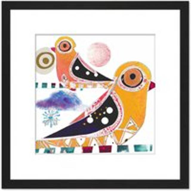 Boho Folk Art Birds Pattern Feathers Quirky Illustration Square Wooden Framed Wall Art Print Picture 8X8 Inch - Black - One Size
