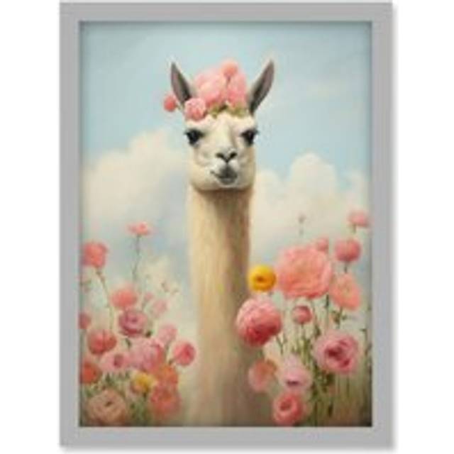 Wall Art Print Llama and Peonies Pink Elegant Artwork Kids Bedroom Floral Portrait with Roses Artwork Framed A4 - Grey - A4