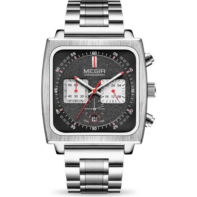 (Silver Black) MEGIR Men's Rectangle Business Work Analogue Quartz Chronograph Luminous Sport Wrist Watch with Leather Strap ML2182G