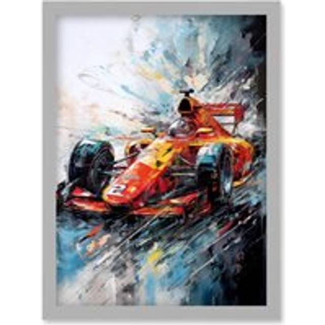 Orange Race Car Grand Prix Action Shot Painting Artwork Framed Wall Art Print A4 - Grey - One Size