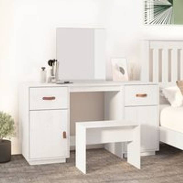 Dressing Table Set with a Mirror White Solid Wood Pine - One Size