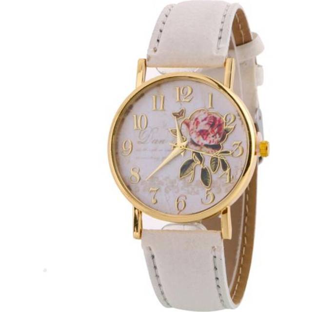 (white) Women Arabic Number Rose Flower Round Dial Faux Leather Band Quartz Wrist Watch - White