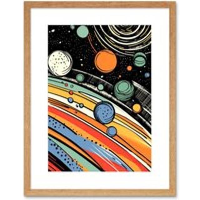 Wall Art Print Outer Space Comic Book Style Pastel Colour Milky Way Planets Rings Moons Sun Boys Room Artwork Framed 9X7 Inch - Beige - W7 inch x H9 i - W7 inch x H9 inch