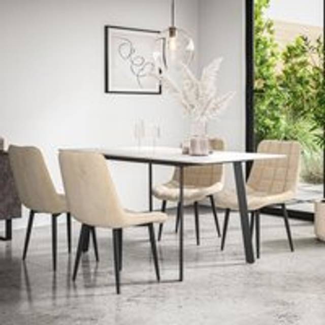 Haydon extending dining table + chairs- marble effct top black legs + nova chair