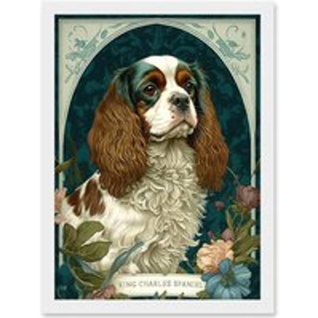 King Charles Spaniel Dog with Flower Blooms Modern Art Nouveau Illustration Artwork Framed Wall Art Print A4 - White - One Size