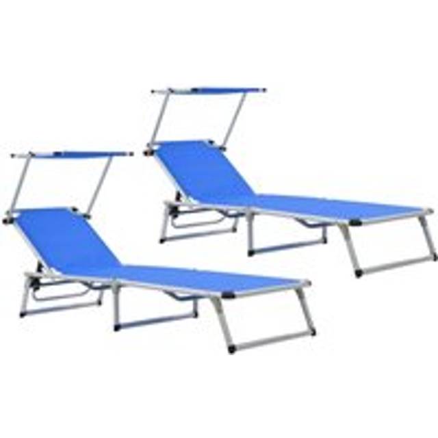 Folding Sun Loungers with Roof 2 pcs Aluminium&Textilene Blue - One Size