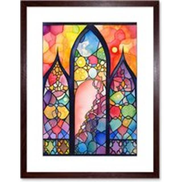 Wall Art Print Stained Glass Window Folk Art Abstract Artwork Framed 9X7 Inch - Brown - W7 inch x H9 inch