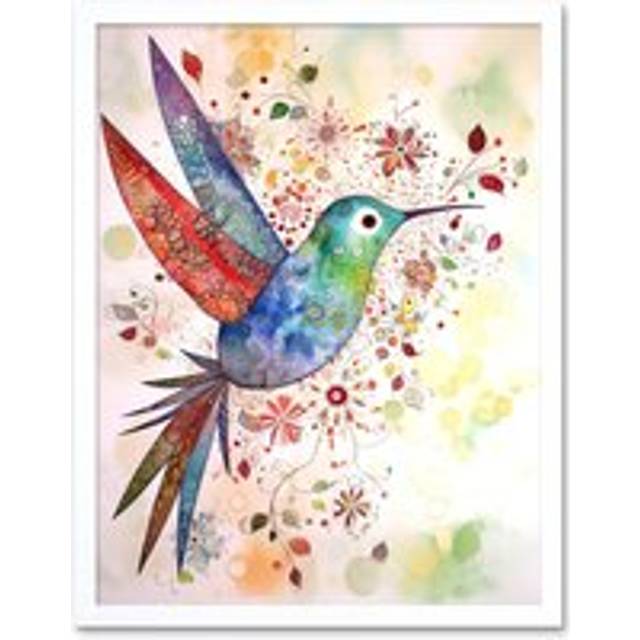 Wall Art Print Hummingbird With Flower Patterns Folk Art Watercolour Painting Art Framed - White - W12 inch x H16 inch