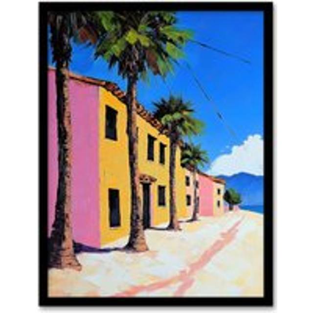 Coastal Village Houses Palm Trees Spain Townscape Framed Art Print - Multi - A4