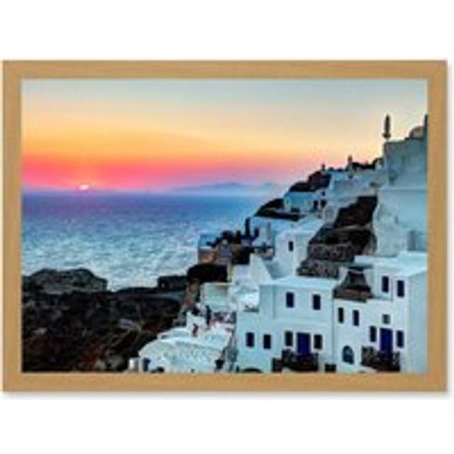 Photo Scenic Sunset Oia Santorini Greece Buildings Artwork Framed Wall Art Print A4 - Tan - One Size