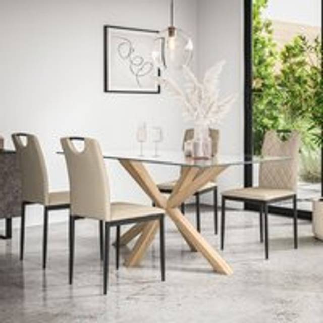 (Beige) Etta Glass Dining Table Set w Solid Oak Legs w 4-6 Monza Faux Leather Chair
