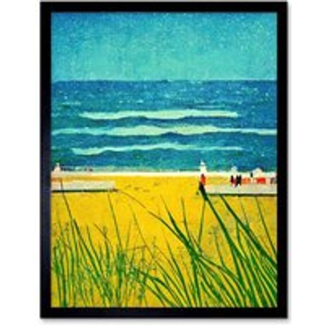 Wall Art Print Blue Sky Seaside Summer Scene Sandy Beach Art Framed - Black - W12 inch x H16 inch