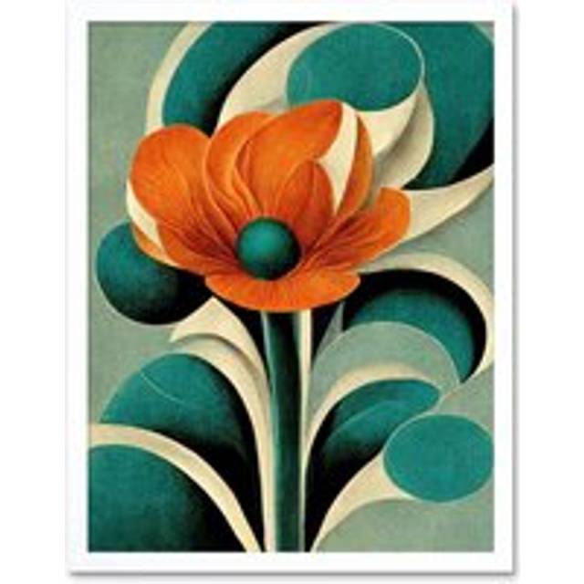 Wall Art Print Art Deco Poppy Flower Teal Orange Cream Art Framed - White - W12 inch x H16 inch