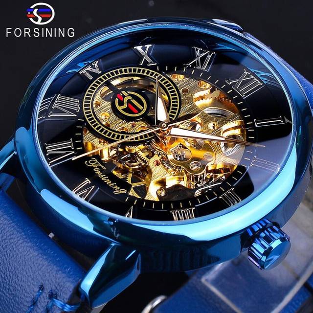 (blue) Forsining 3D Logo Design Hollow Engraving Black Gold Case Leather Skeleton Mechanical Watches Men Luxury Brand Heren Horloge