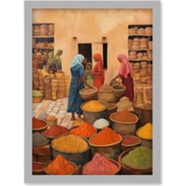 Wall Art Print Traditional Rural Indian Food Market Watercolour Artwork Spices Herbs Artwork Framed A4 - Grey - A4