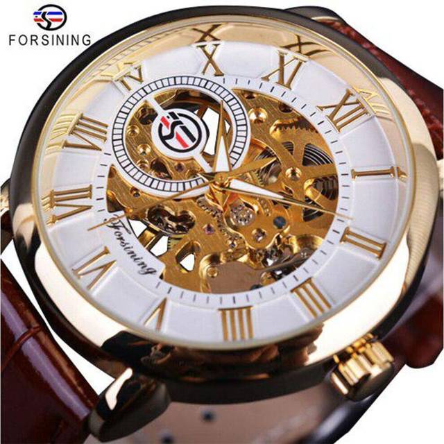 (brown) Forsining 3D Logo Design Hollow Engraving Black Gold Case Leather Skeleton Mechanical Watches Men Luxury Brand Heren Horloge