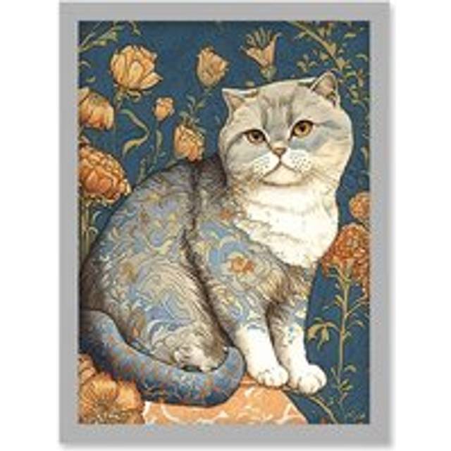 Cute Cat with Floral Pattern Fur and Autumn Flower Blooms Art Nouveau Modern Illustration Artwork Framed Wall Art Print A4 - Grey - One Size