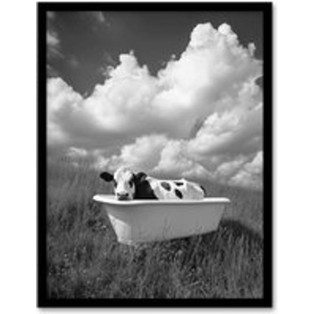 Cow In Bathtub in a Field Black White Surreal Framed Art Print - Grey - A4