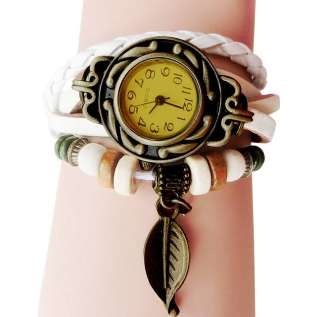 (WHITE) New Watches For Women Retro Leather Leaf Pendant Watch Winding Accessories