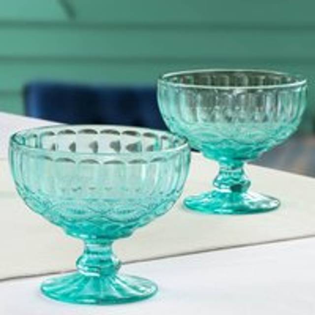 Set of 2 Vintage Turquoise Blue Glass Trifle Bowls Dessert Bowls - 2 Pack