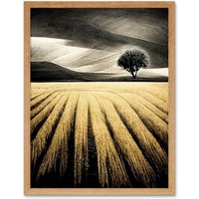 Wall Art Print Lone Tree In Field Of Golden Wheat Landscape Modern Painting Art Framed - Tan - W12 inch x H16 inch