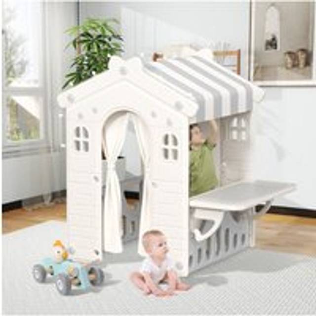 Plastic Playhouse for Indoor Outdoor, Portable Game Cottage with Curtain - Beige - One Size