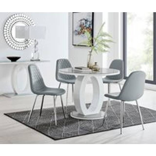Giovani Round 4 Seat 100cm White High Gloss Halo Base Grey Glass Top Dining Table 4 Soft Faux Leather Silver Leg Corona Chairs - One Size