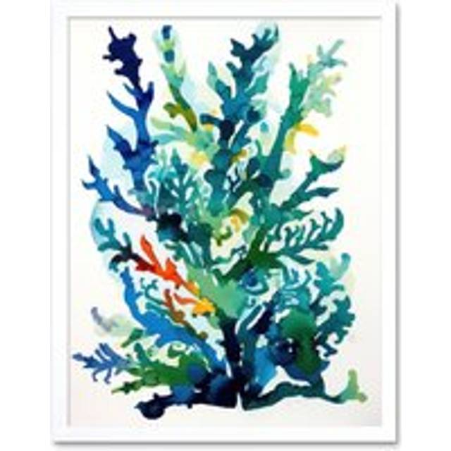 Wall Art Print Seaweed Plant Abstract Folk Art Framed - White - W12 inch x H16 inch
