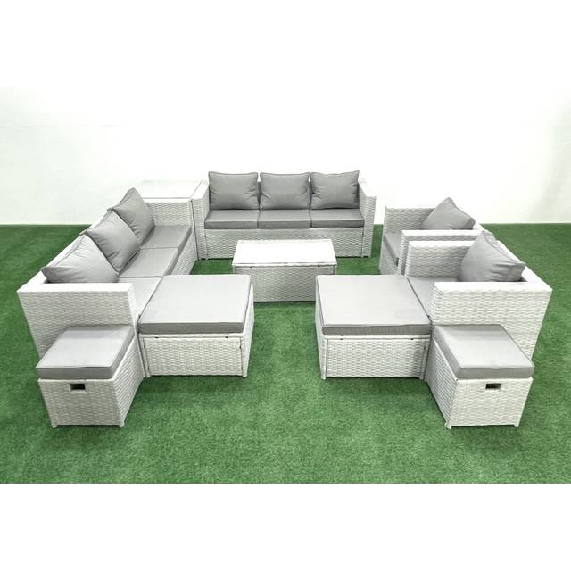 Fimous 10 Pieces Rattan Garden Furniture Set Outdoor Garden Sofa Chair Coffee Table Set with 4 Footstools Side Table Light Grey Mixed