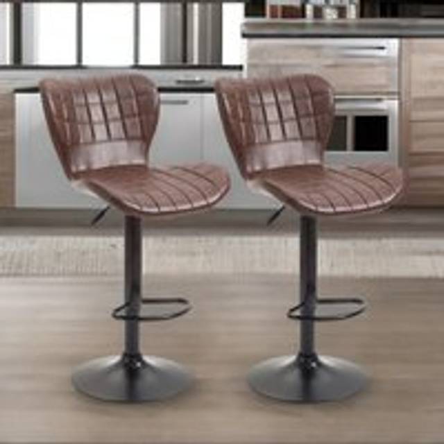 Adjustable Height Retro Brown Faux Leather Bar Stools Set Of 2 - One Size