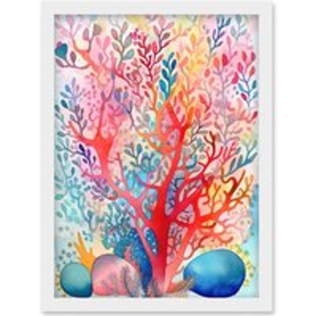 Rainbow Coral Folk Art Watercolour Painting Artwork Framed Wall Art Print A4 - White - One Size