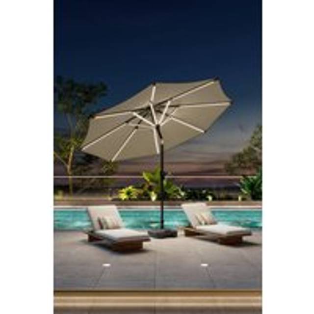 Outdoor Large Patio Umbrella Solar Powered LED Parasol with Plastic Fillable Base - Beige - One Size