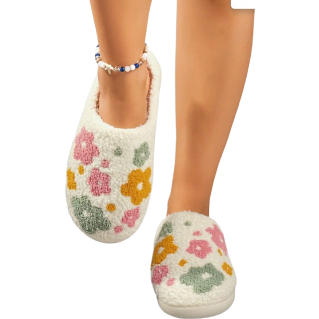 SHEIN Cute Floral Pattern Plush Lining Slip-On House Slippers, Thick Soft Sole, Warm And Anti-Slip, For Indoor Casual Wear In Winter