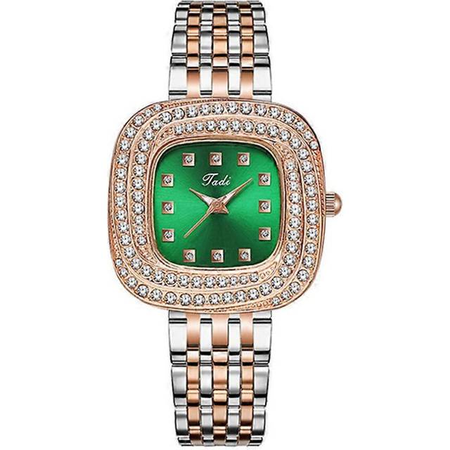 (Green) Ladies&#39; Starry Sky Square Diamond Set Quartz Watch Fashion Stainless Steel Student Watch