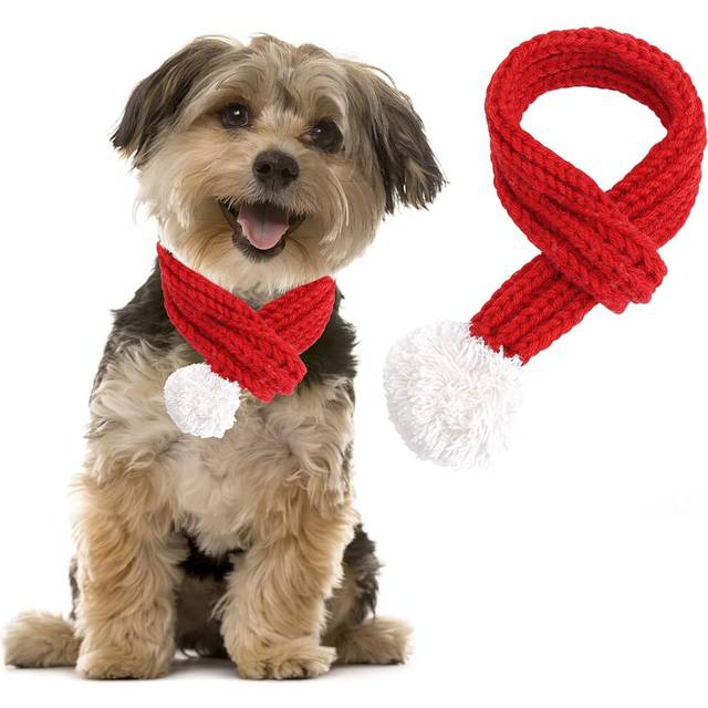 Xmas Dog Winter Knitted Scarf Pet Winter Neck Warm Clothing with White Pom Pom Party Outfit Xmas Cute Decoration Red (Small)