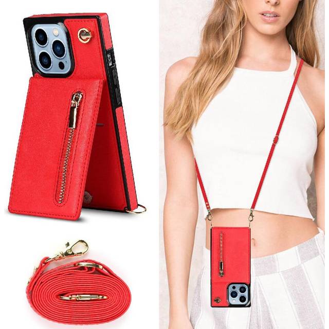 (Red) Case for iphone 15 Pro Max Wallet Shockproof Long Strap Holder Zipper