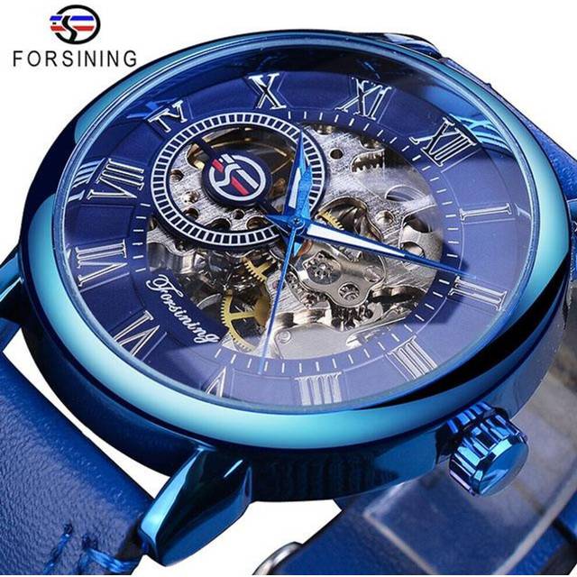 (navy blue) Forsining 3D Logo Design Hollow Engraving Black Gold Case Leather Skeleton Mechanical Watches Men Luxury Brand Heren Horloge