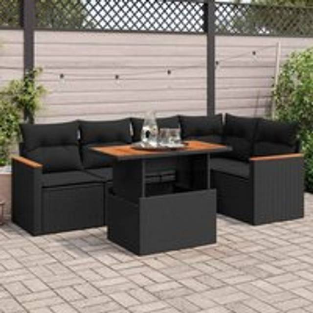 5 Piece Garden Sofa Set with Cushions Black Poly Rattan Acacia - One Size