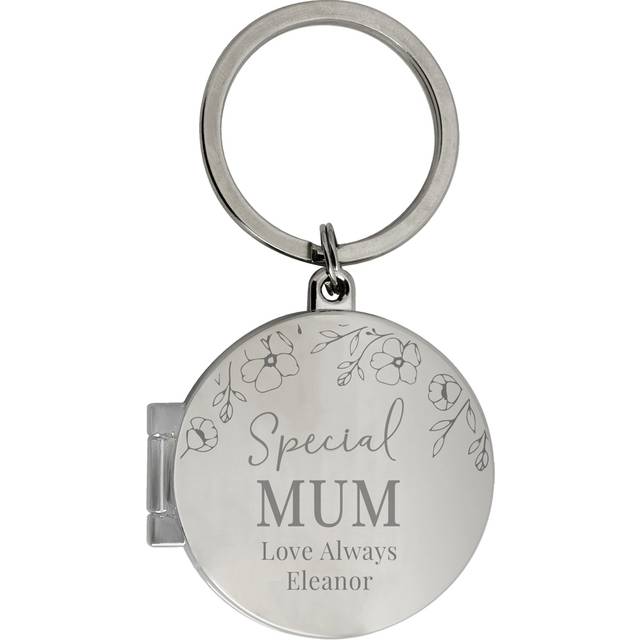 Personalised Memento Personalised Floral Round Photo Frame Keyring - Silver - 4 x 4 x 1cm